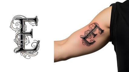 Vintage Ornamental Letter E Tattoo Design with Elegant Filigree and Decorative Swirl Pattern