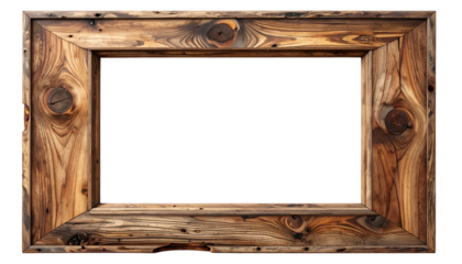 Rustic, rectangular wooden frame with visible knots and grain against a black void