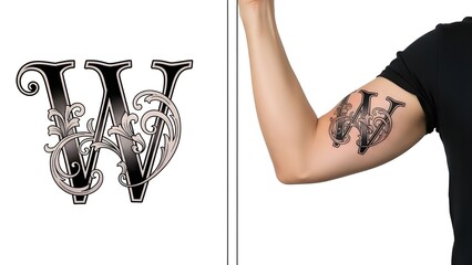 Ornate Serif Letter W Tattoo Design with Swirl Accents, Body Art Mockup on Bicep