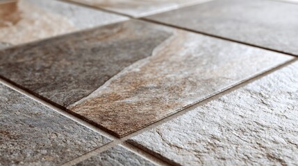 Close-up of square textured tiles in various shades of brown and gray, with grout lines
