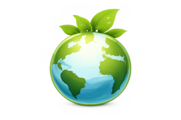 Earth globe symbol with green continents and blue oceans, topped with vibrant green leaves. Transparent background