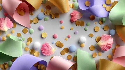 Colorful Confetti and Petals: A festive array of pastel-colored paper, shimmering golden confetti, and delicate flower petals artfully scattered, creating a scene of joy and celebration.