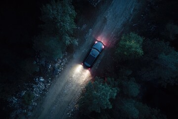 Aerial view of a vehicle driving on a forest road at night, headlights illuminating the path