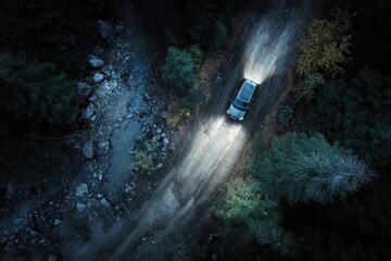 An aerial view shows car headlights illuminating a dark, forest road at night