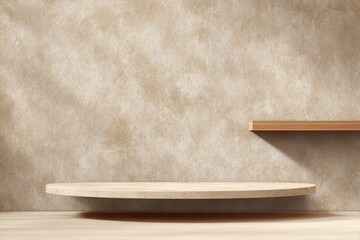 Minimalist studio scene with textured wall, floating shelves, and a circular platform