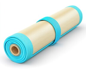 Yoga mat rolled up with turquoise straps ready for practice at home or studio during morning or afternoon sessions