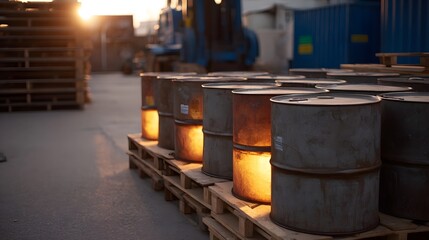 Metal drums lined up on wooden pallets in an industrial yard at sunset illuminated by warm light