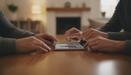 Two pairs of hands interact with a tablet on a wooden table, suggesting collaboration or discussion in a warm, cozy environment.
