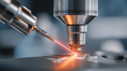 Close-up of a high-tech machine processing a metallic surface with precision