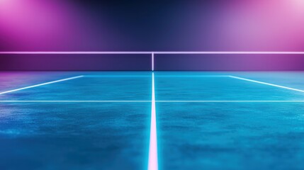 neon sports Tennis Court Futuristic tennis court with neon lighting, glowing vividly along the baseline, service line, and doubles alleys.