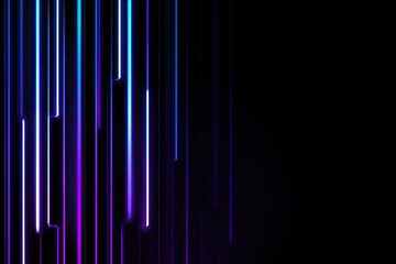 Vertical neon light streaks in blue and purple descend on a black background, space at right