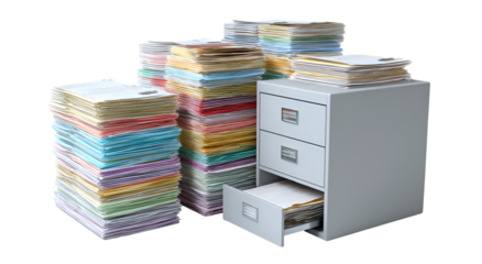 Large stacks of colorful paperwork and a filing cabinet overflowing with documents