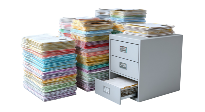 Large stacks of colorful paperwork and a filing cabinet overflowing with documents - Powered by Adobe