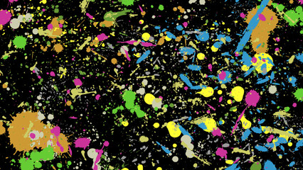 Colorful paint splatter on black background. Vector grunge graffiti art.
