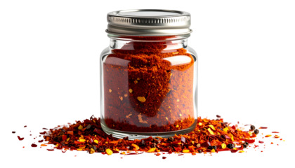 A small glass jar filled with red pepper flakes, sitting atop a pile of flakes, dark backdrop