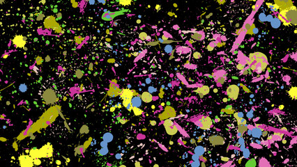Colorful paint splatter on black background. Vector grunge graffiti art.
