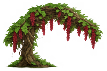 Fantasy arching tree with vibrant red flowers and green foliage over a transparent background, fairytale flora