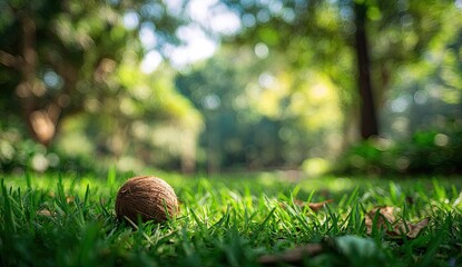 Obraz premium A close-up ground shot of a walnut on lush green grass in a sun-dappled park