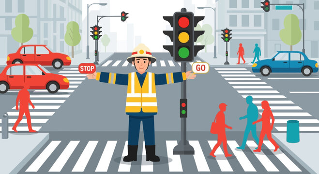 Traffic Warden Directing Pedestrians and Cars at Crosswalk.