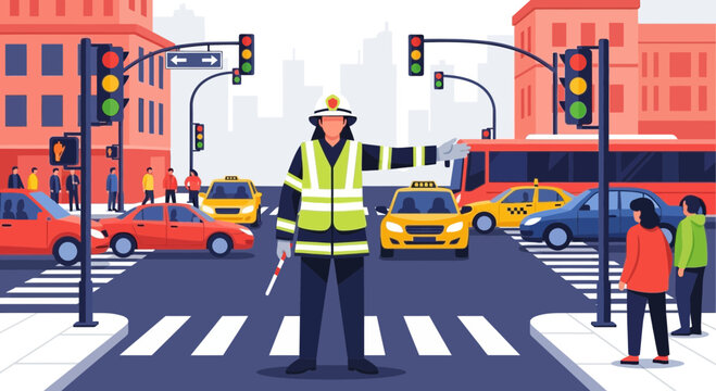 Traffic Warden Directing Vehicles and Pedestrians at Busy Intersection.