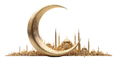 Golden crescent moon with a city silhouette rising within, on transparent background