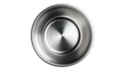 Overhead shot of an empty, silver, metal bowl with a central circular design against black