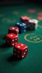 Five dice scattered on casino table, one highlighted, one, ivory