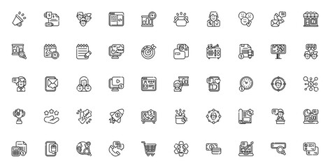 Fototapeta premium Marketing icon set. Business vector illustrations. Includes symbols for megaphone, branding, social media, SEO, sales, target audience, finance, presentation and more. Editable stroke.