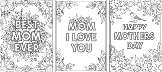 Mother's Day coloring pages, floral typography set, black and white printable art, heartfelt messages, decorative illustration pack © MdNurunnabi