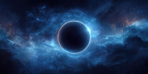 Naklejka premium A dark sphere is haloed by vibrant blue and orange cosmic clouds in vast space