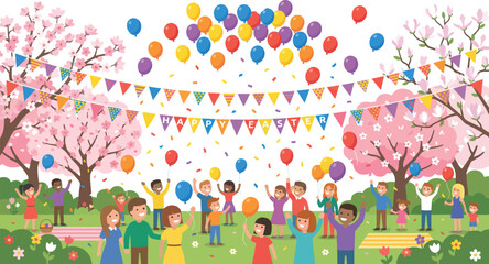 Obraz premium Happy group of diverse families and children celebrating Easter holiday in spring park with blooming cherry blossom trees colorful balloons confetti and bunting flags party decoration.