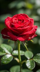 Detailed macro view of a blooming red rose with fresh dew drops standing out against a green foliage background.