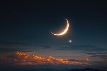 Crescent moon illuminated in the night sky, stars and warm-colored clouds in the foreground