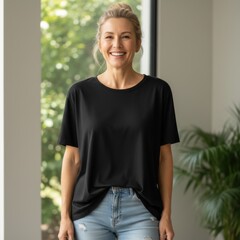 Smiling female model with messy hairstyle, dressed in black t-shirt stands indoors by window. Blank short sleeve tee template. Women crewneck basic tshirt mock up