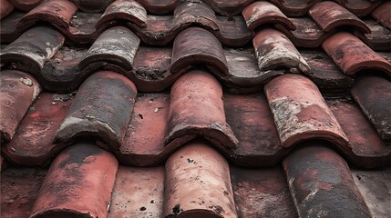 Close-up view of weathered, reddish-brown terracotta roof tiles with texture
