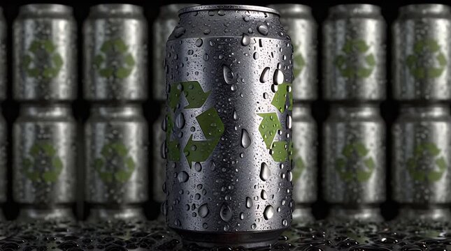 A close-up of a chilled metallic soda can with condensation and a green logo with similar cans blurred in the background