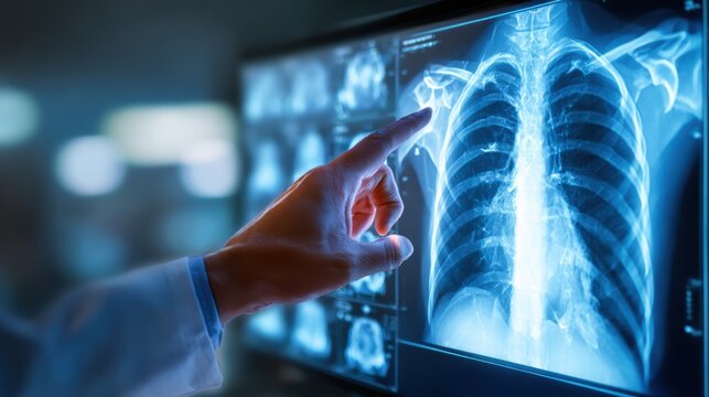 Doctor examining a chest x-ray on a digital screen in a modern medical facility - Powered by Adobe
