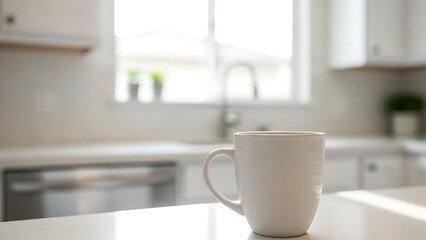 White coffee mug on modern kitchen countertop with blurred background