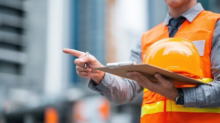 Construction worker in safety vest pointing and holding clipboard with hard hat