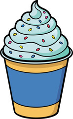 A charming illustration of a cupcake with a vibrant blue frosting, adorned with colorful sprinkles.