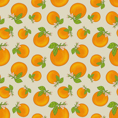 Obraz premium Seamless pattern with oranges, green leaves and small blossoms. Repeating background with citrus theme. Suitable for wrapping paper, fabric, textile, stationery, packaging.