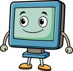 a computer monitor with a cheerful face, featuring two large eyes and a smiling mouth.