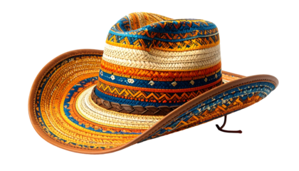 Colorful, decorated cowboy hat with wide brim, patterned band, and leather trim, isolated