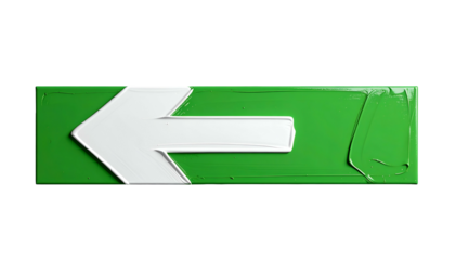 Green and white painted rectangular sign with a left arrow on black background