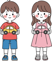 Cute Boy and Girl Holding Toy Cars Cartoon Illustration, Adorable Kids Characters with Vehicles for Children Design, Education, Nursery Art and Playful Concepts