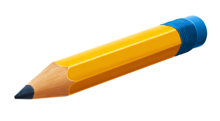 A realistic, yellow wooden pencil with a blue eraser and dark graphite tip, on black