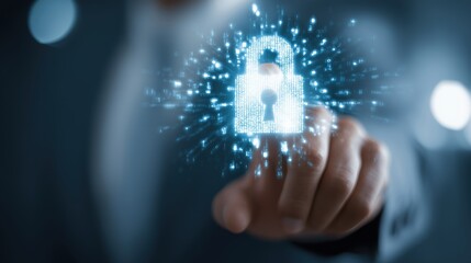 Digital padlock made of binary code glows with light, symbolizing cybersecurity