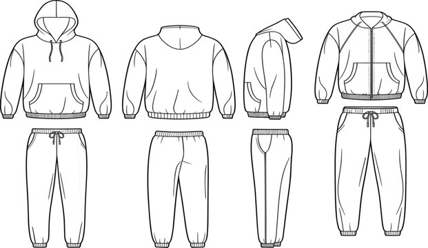 Tracksuit technical sketch set with hoodie and joggers in front, back, and side views for fashion apparel design