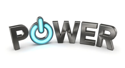 Metallic 3D Power Word With Glowing Blue Icon