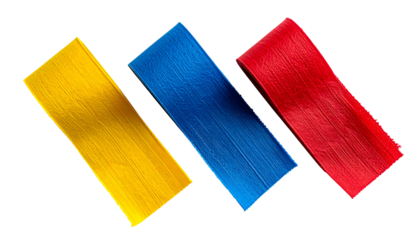 Three angled, overlapping rectangles, gold, blue, and red, on black, with textured surfaces